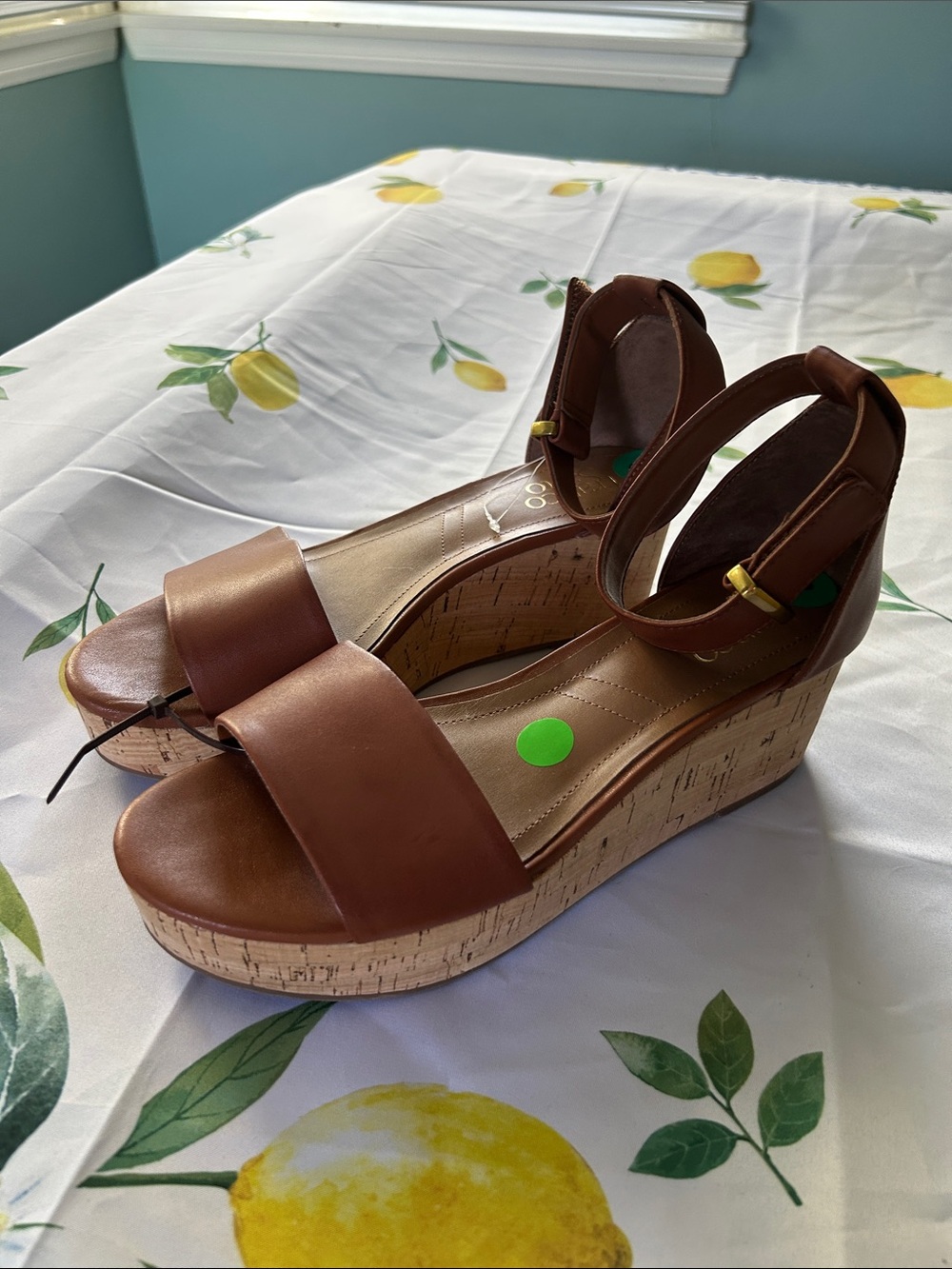 Size 8 Franco Sarto Brown Cork Wedge Sandals with Ankle Strap